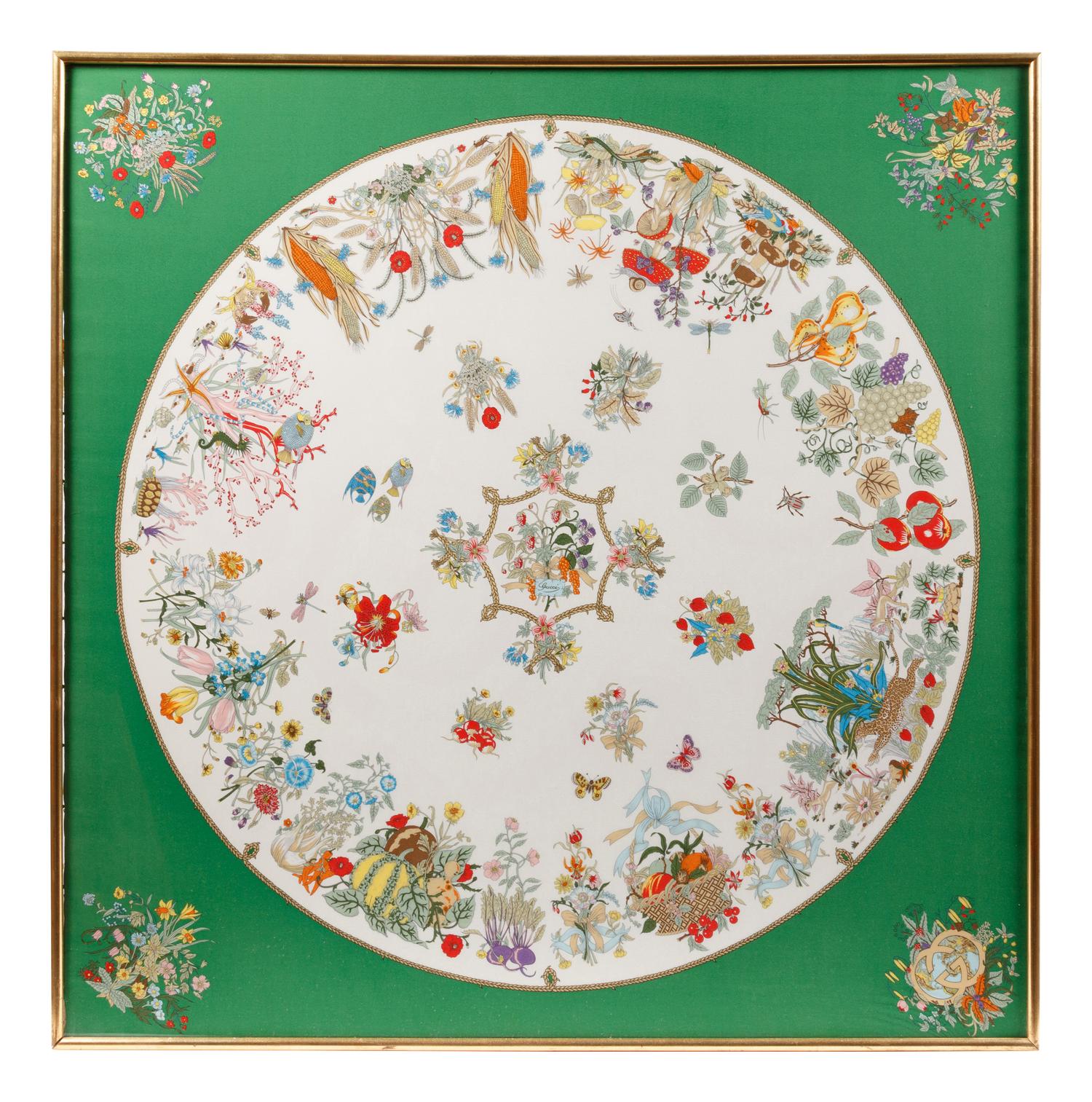 Two Framed Gucci Silk Scarves