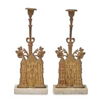 A Pair of Gothic Cast Brass and Marble Girandoles