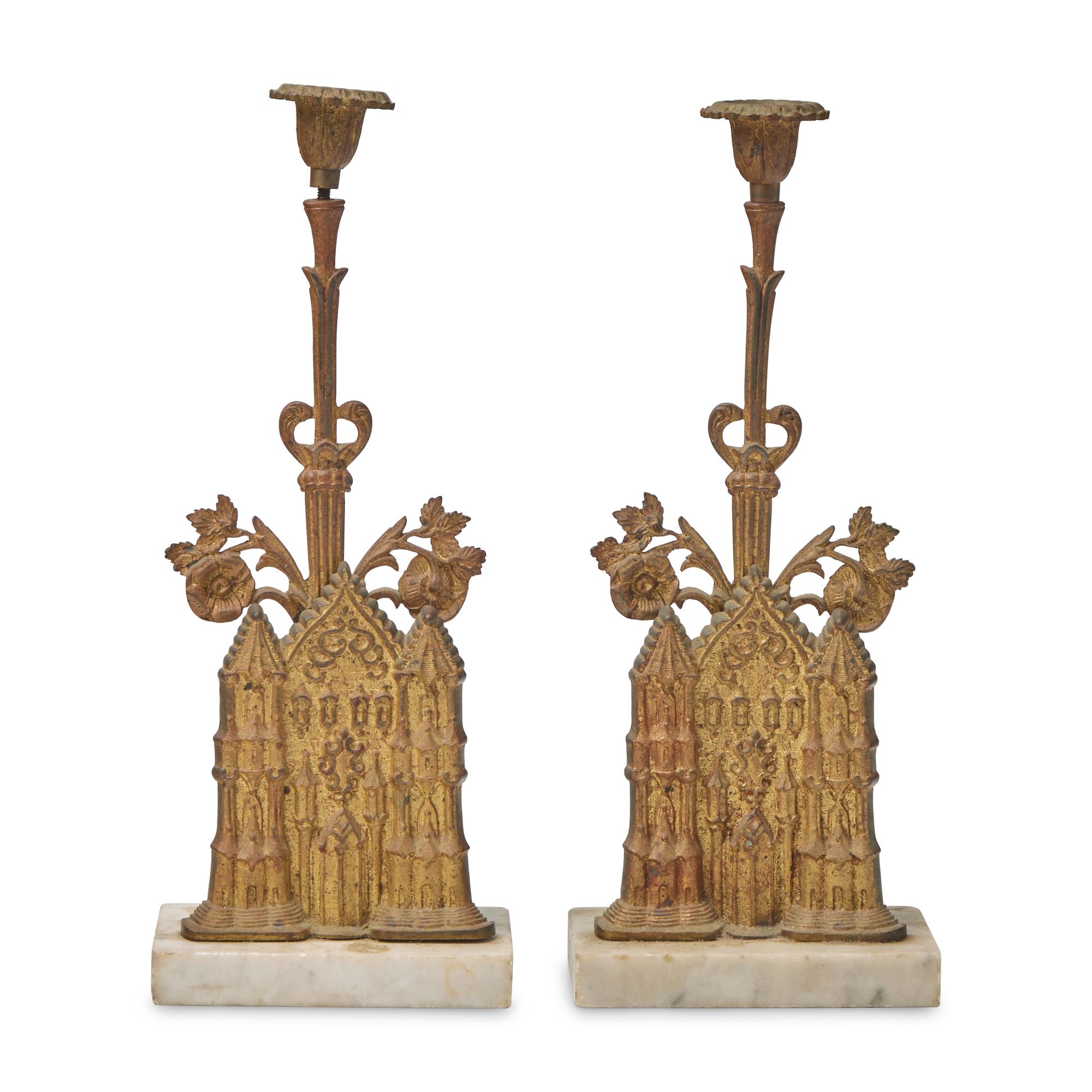A Pair of Gothic Cast Brass and Marble Girandoles