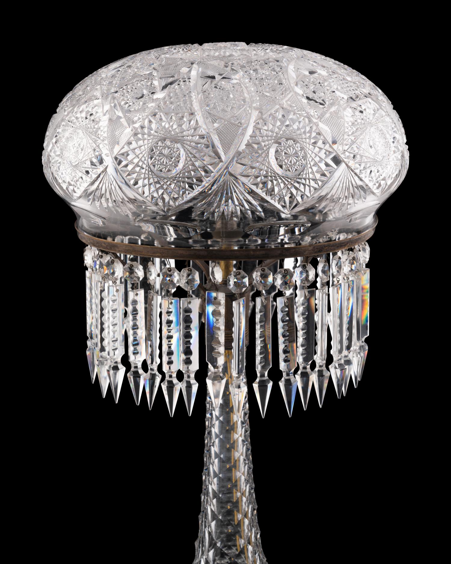 An American Brilliant Cut-Glass Two-Light Argand Lamp