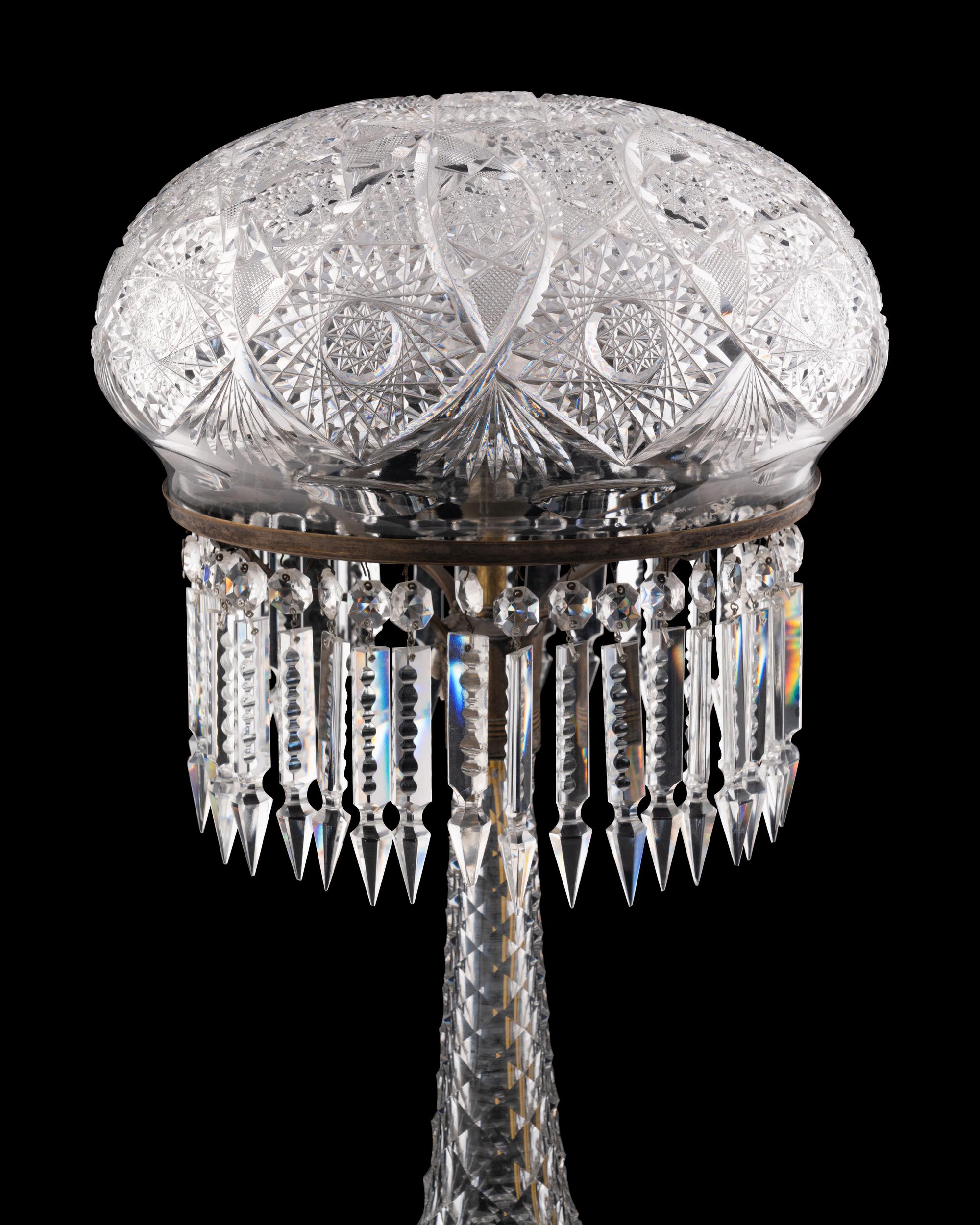 An American Brilliant Cut-Glass Two-Light Argand Lamp