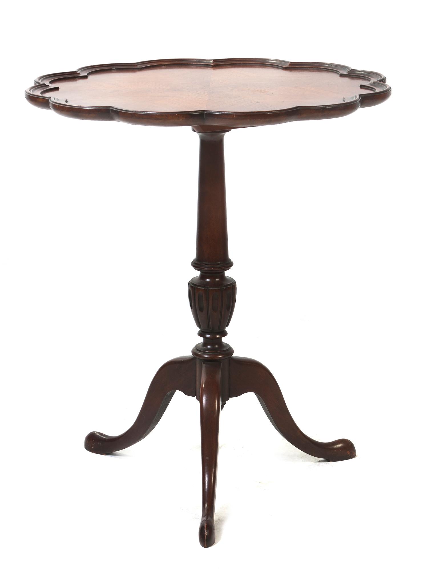 A George III Style Mahogany Tilt-Top Tea Table, Height 27 1/2 x diameter 23 1/2 inches.