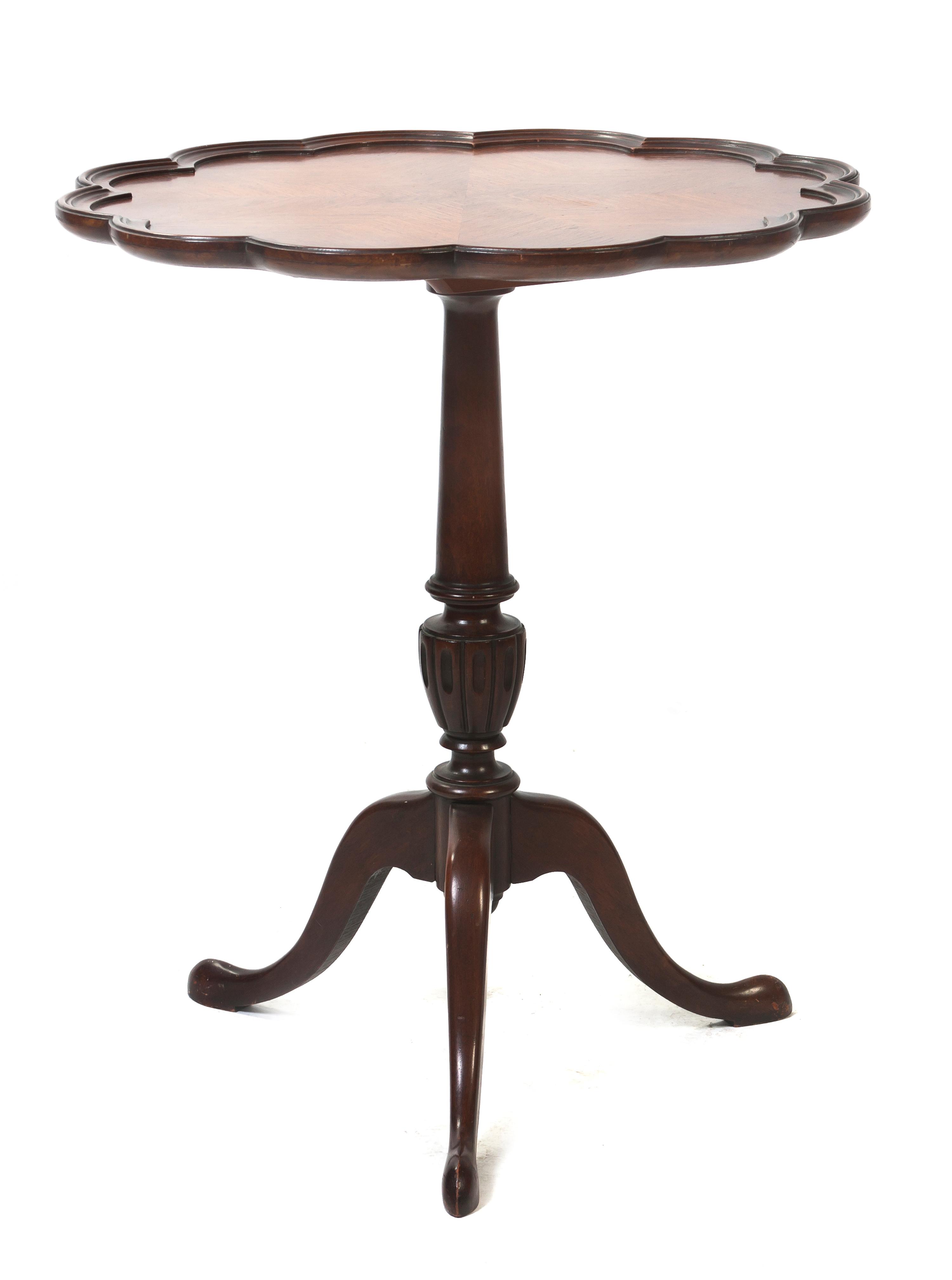 A George III Style Mahogany Tilt-Top Tea Table, Height 27 1/2 x diameter 23 1/2 inches.