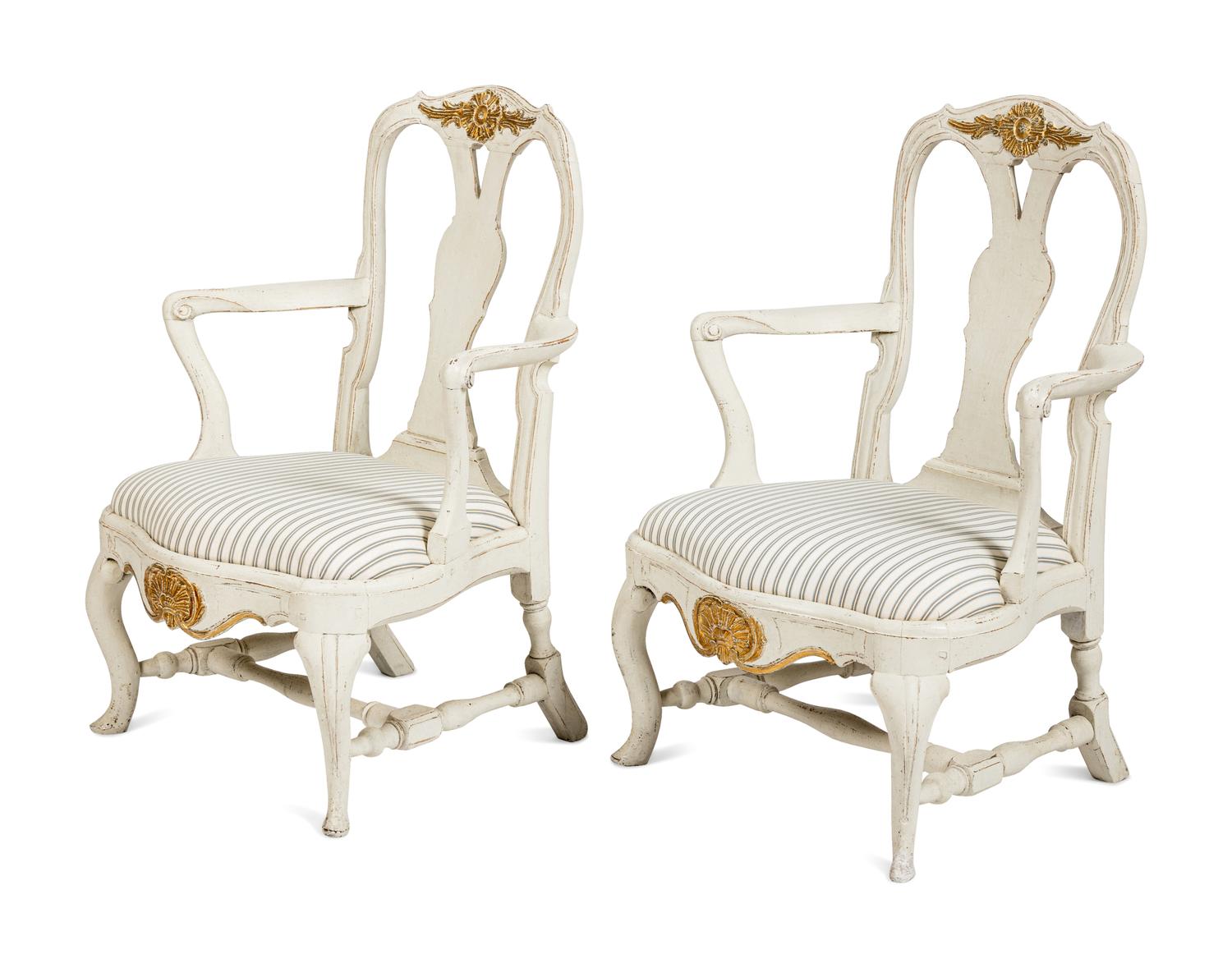 A Pair of Swedish White-Painted and Parcel-Gilt Open Armchairs