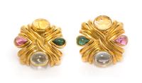 A Pair of 18 Karat Yellow Gold and Multigem Earclips, 18.45 dwts.