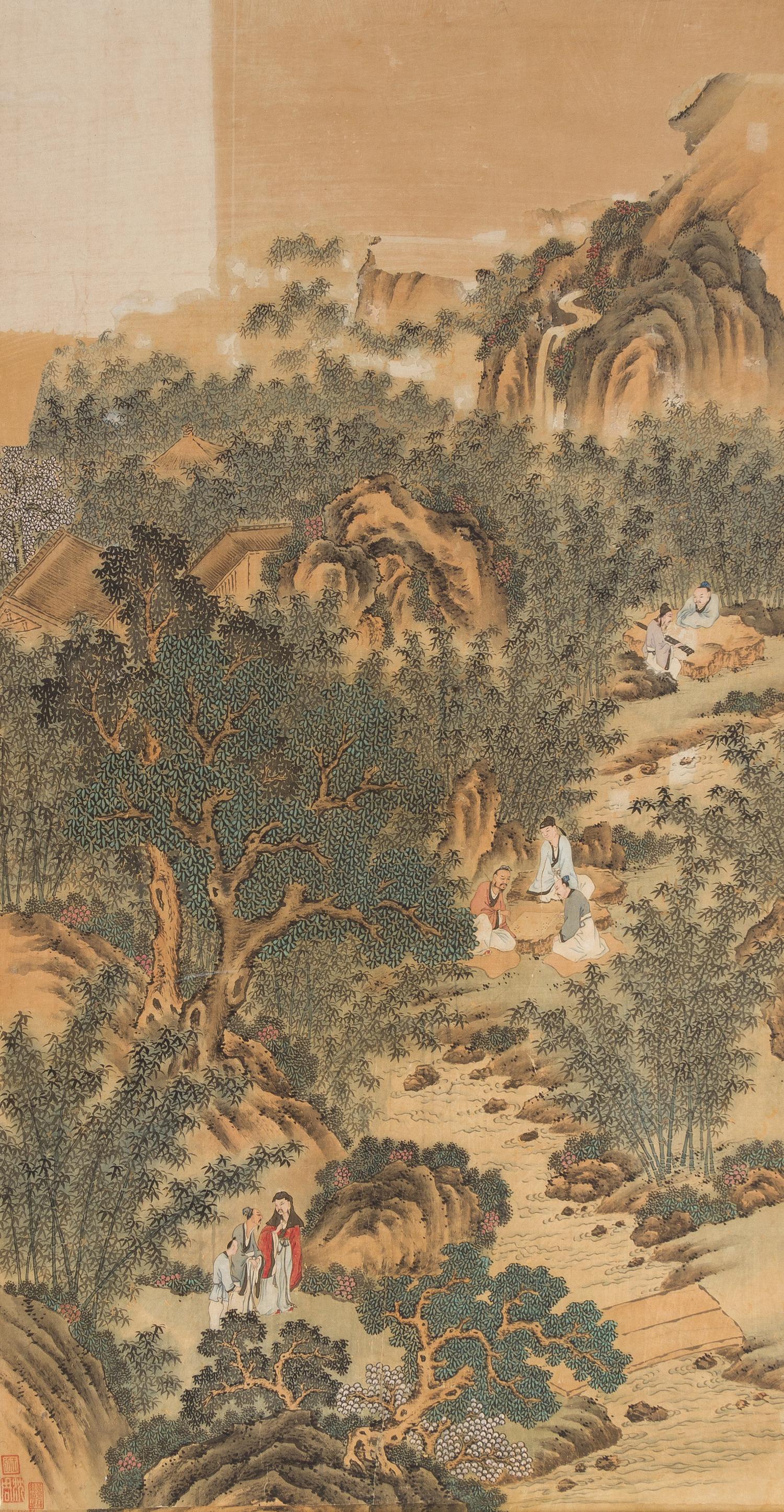 An Ink and Color on Paper Scroll Height of image 67 7/8 x 36 inches.