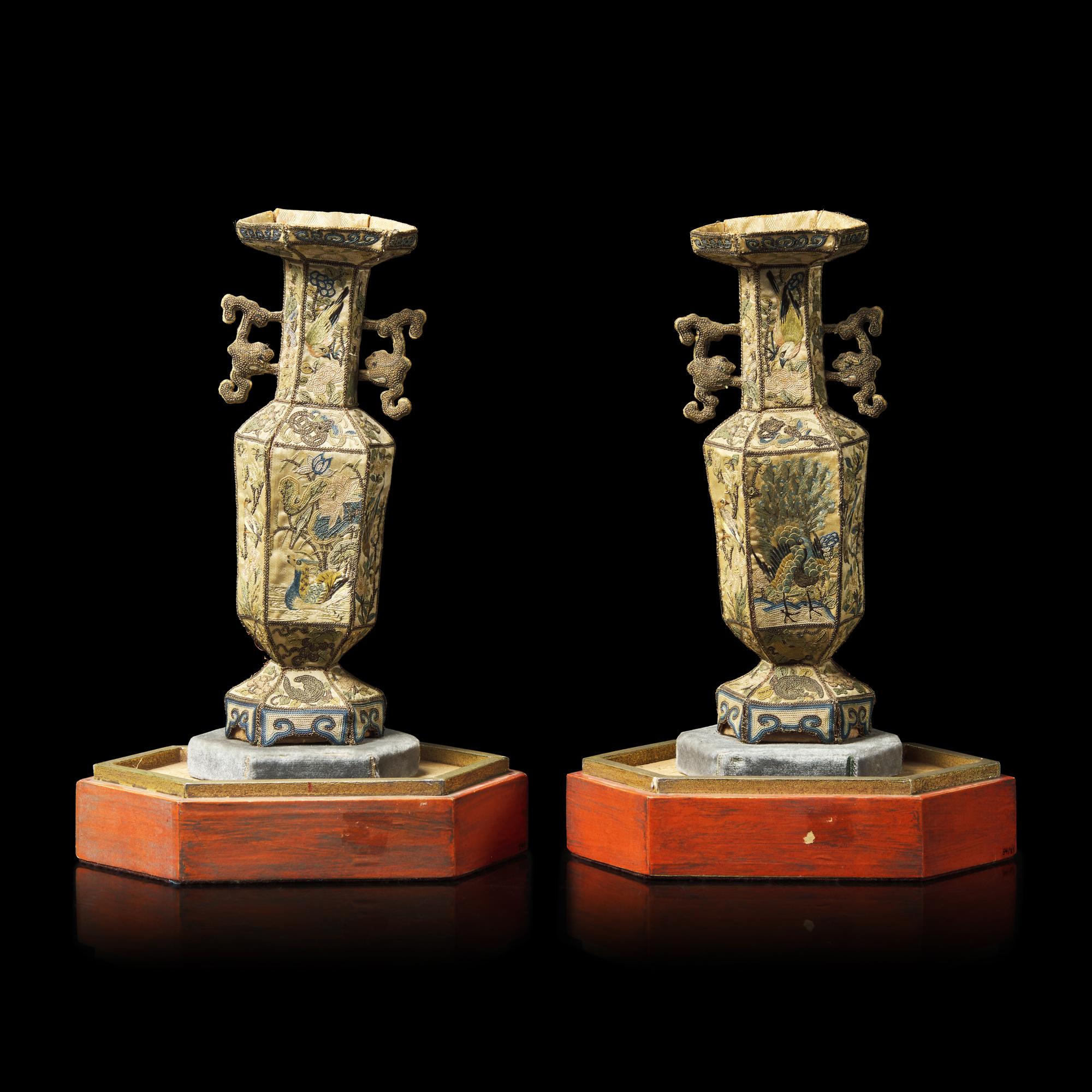 A Rare Pair of Chinese Embroidered Silk Hexagonal Vases, 19th Century 清晚期 粵綉拼接六方賞瓶一對