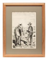 Chuckwagons and Cowboys , Complete Portfolio of 18 Works: Gentle Pony; Spring Work; The Rope Corral; Shipping; New Slippers; Noon On Demand; The Green Bronc; Cow Country; After Supper; Beans for Supper; Spring Branding; Working the Wagon; Morning; Water Tank; The Cook; Flanking Team; Bridling the Buckskin; The Wrangler