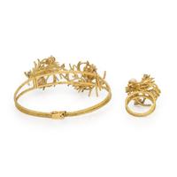 CORAL, DIAMOND, AND YELLOW GOLD RING AND BANGLE BRACELET