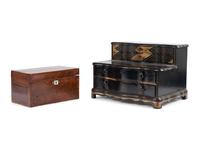 An English Mahogany Tea Caddy and an English Japanned Dressing Box