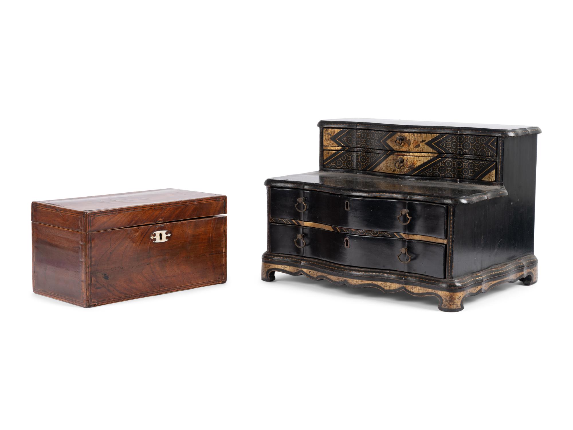 An English Mahogany Tea Caddy and an English Japanned Dressing Box