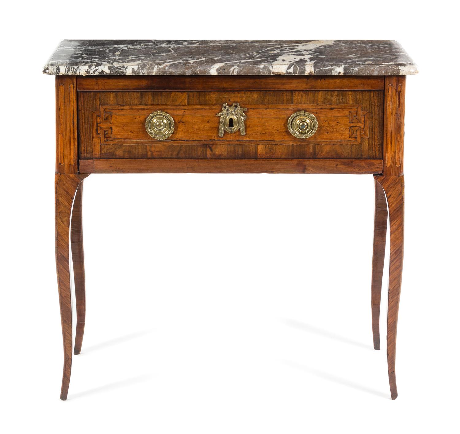 A Louis XV/XVI Transitional Parquetry Commode en Console Height 33 x width 34 7/8 x depth 14 3/4 inches. — LATE 18TH CENTURY