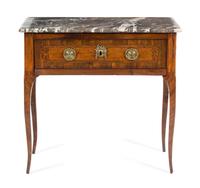 A Louis XV/XVI Transitional Parquetry Commode en Console Height 33 x width 34 7/8 x depth 14 3/4 inches. — LATE 18TH CENTURY