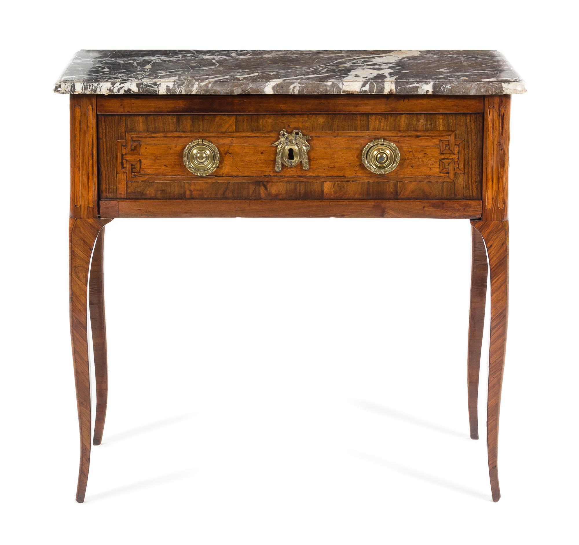 A Louis XV/XVI Transitional Parquetry Commode en Console Height 33 x width 34 7/8 x depth 14 3/4 inches. — LATE 18TH CENTURY