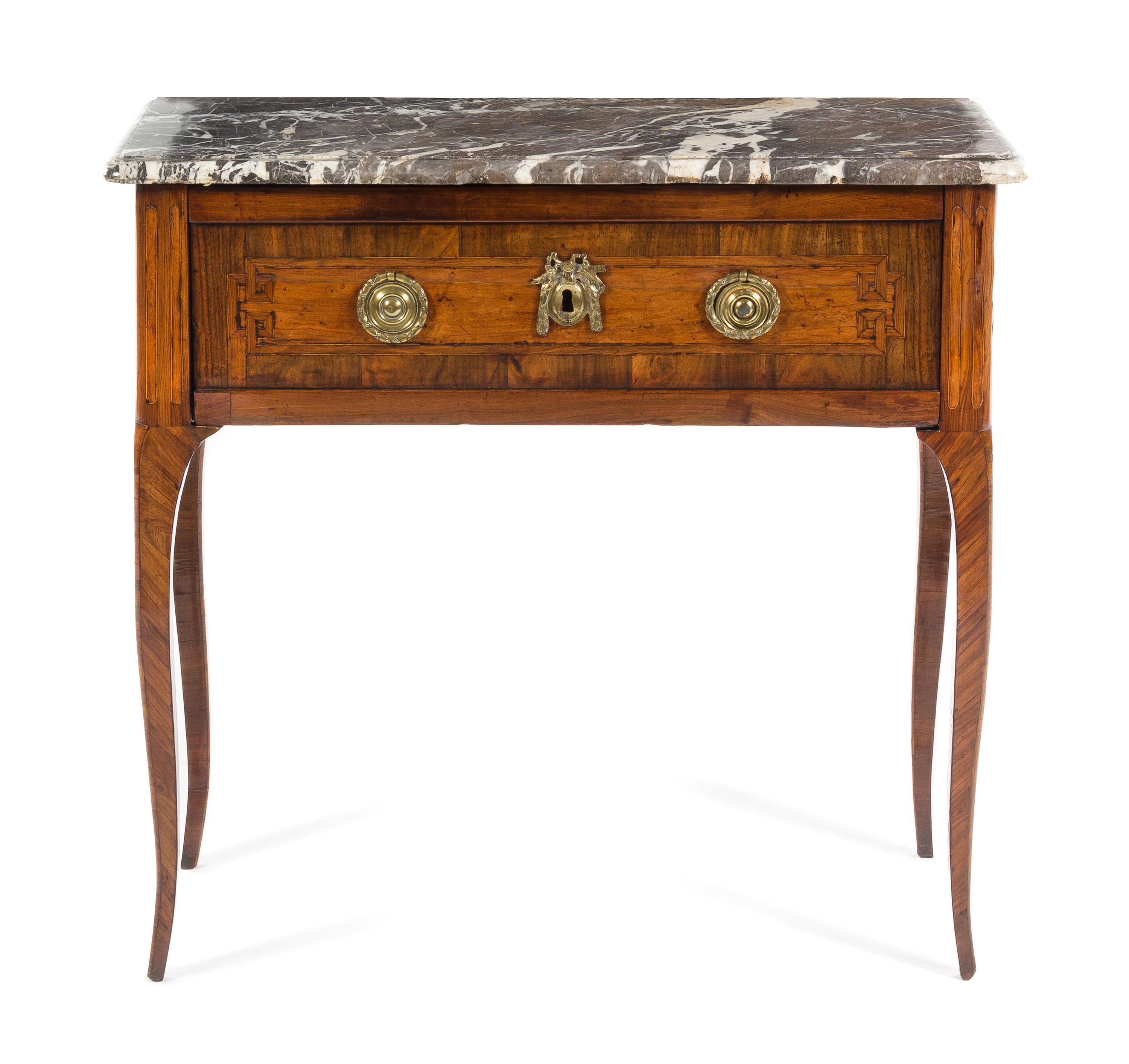 A Louis XV/XVI Transitional Parquetry Commode en Console Height 33 x width 34 7/8 x depth 14 3/4 inches. — LATE 18TH CENTURY