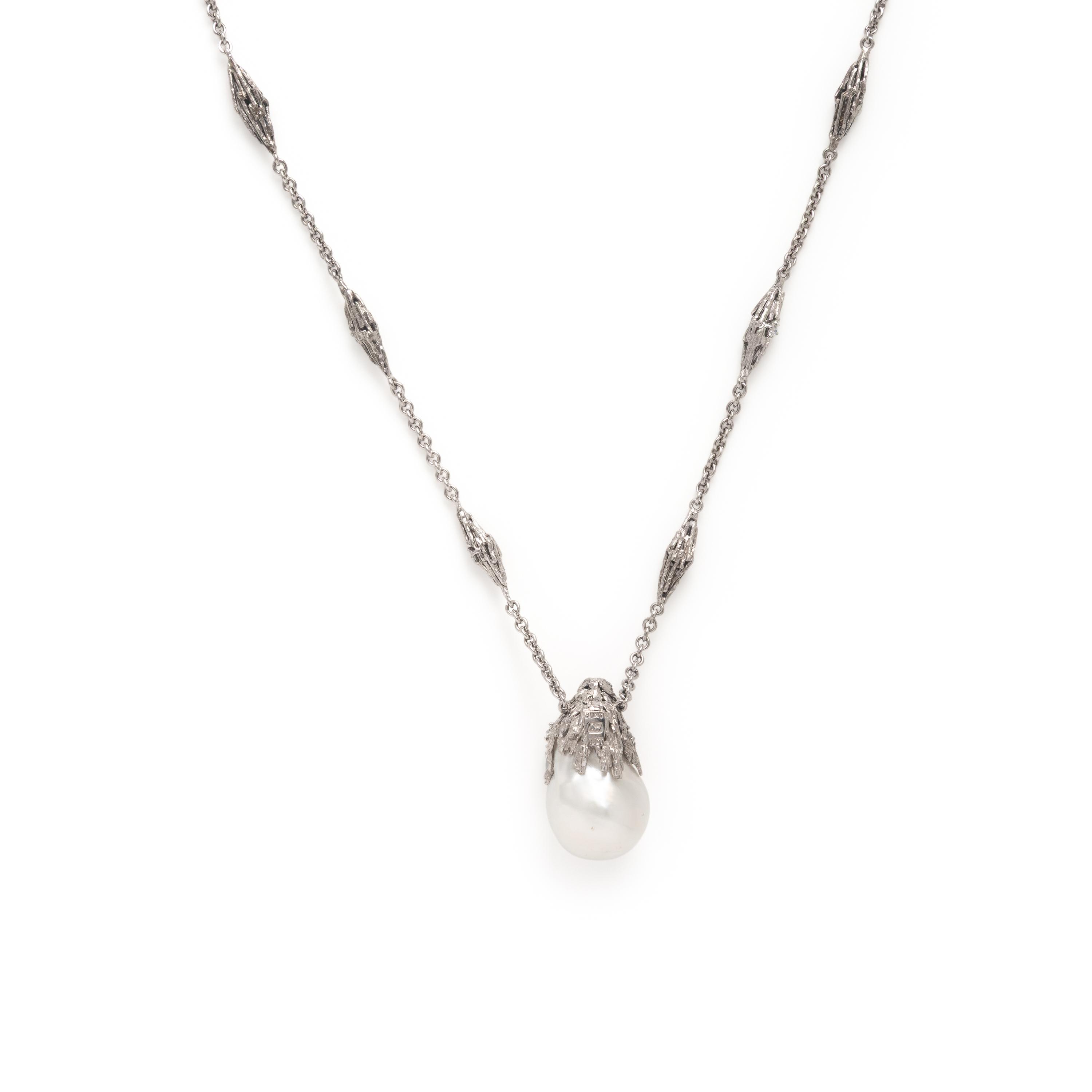 Bunda, Cultured Baroque Pearl, Diamond, and White Gold Pendant Necklace