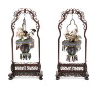 A Pair of Chinese Enameled Filigree Basket Ornaments Suspended from Carved Hardwood Stands