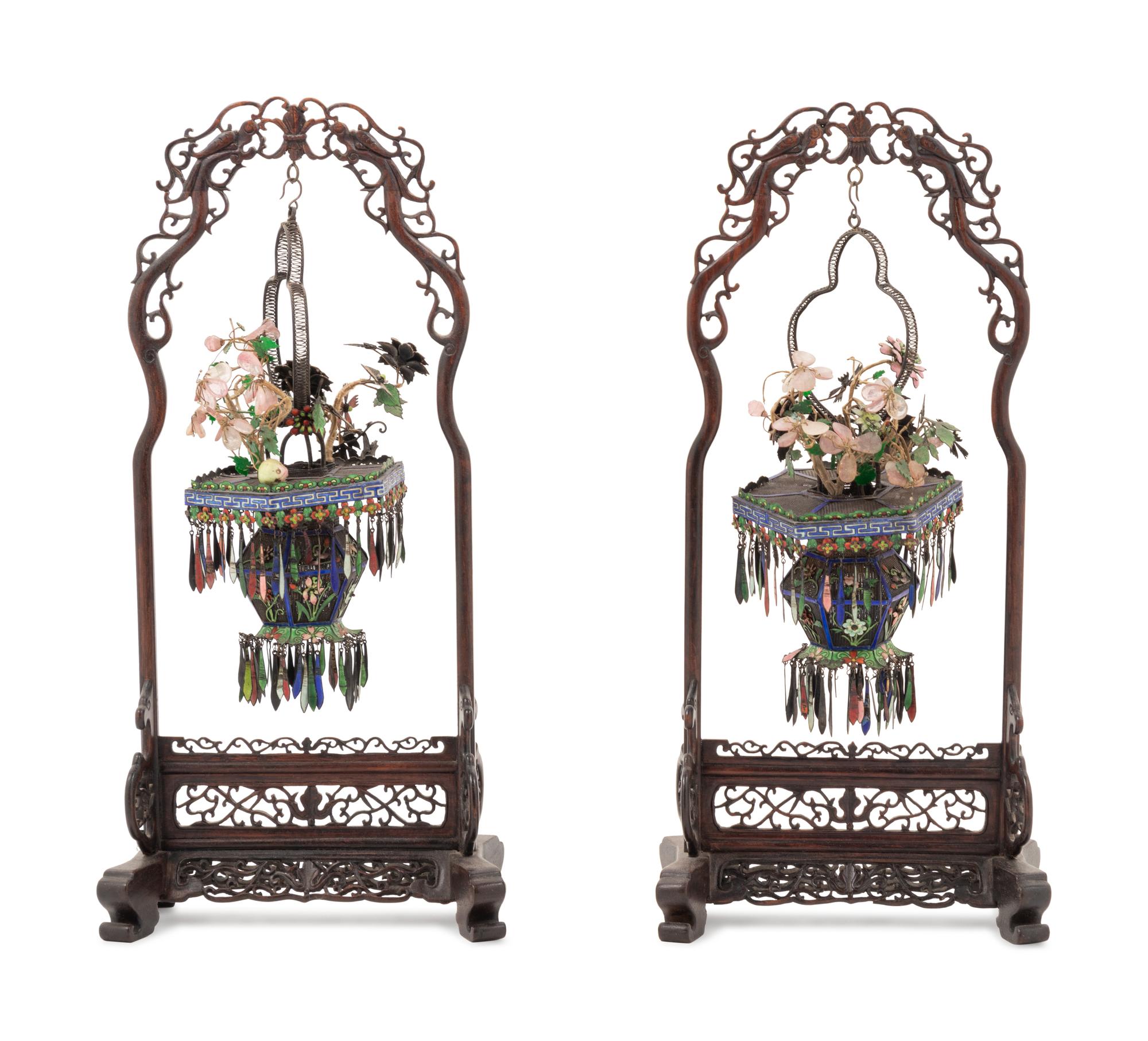 A Pair of Chinese Enameled Filigree Basket Ornaments Suspended from Carved Hardwood Stands