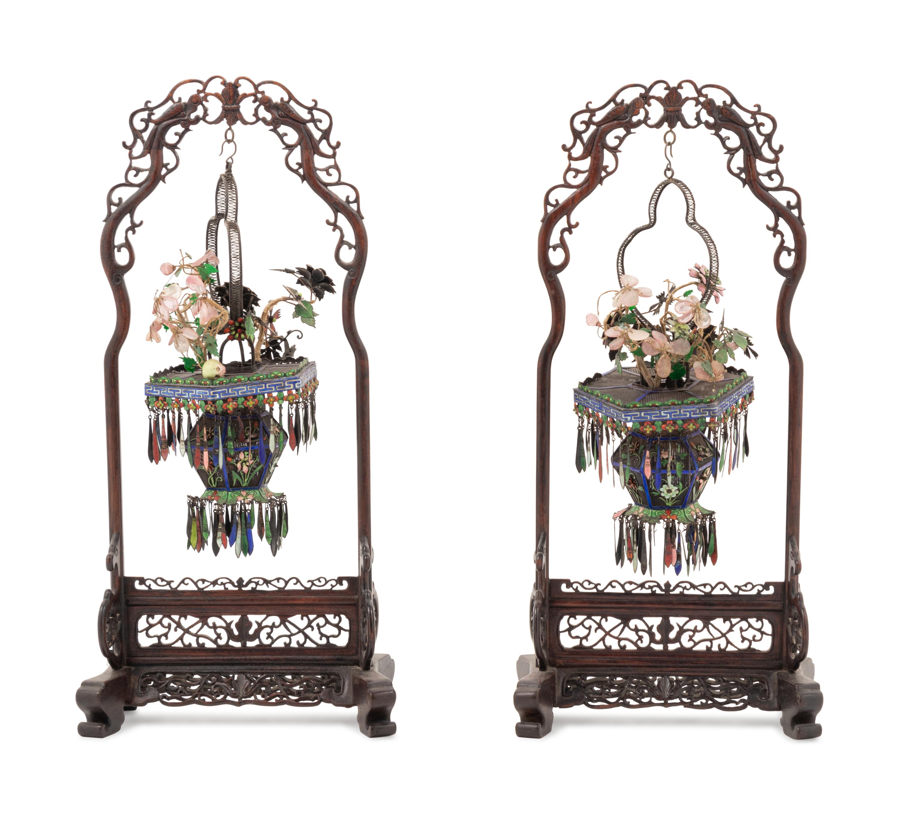 A Pair of Chinese Enameled Filigree Basket Ornaments Suspended from Carved Hardwood Stands
