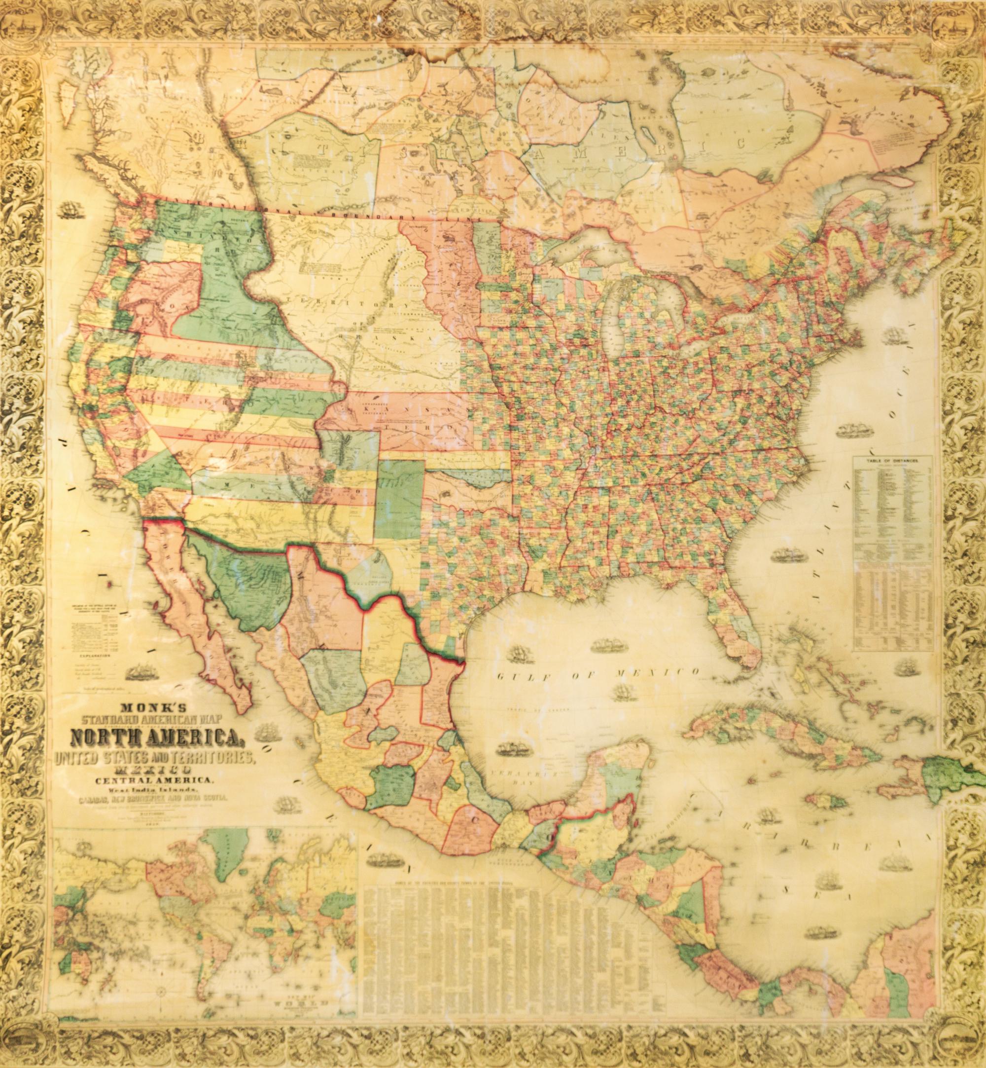 (MAP) MONK, JACOB. Monk's Standard American Map... Baltimore, 1859. Large linen-backed color engraved map.