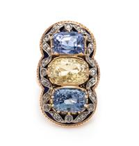 SAPPHIRE, DIAMOND AND ENAMEL RING