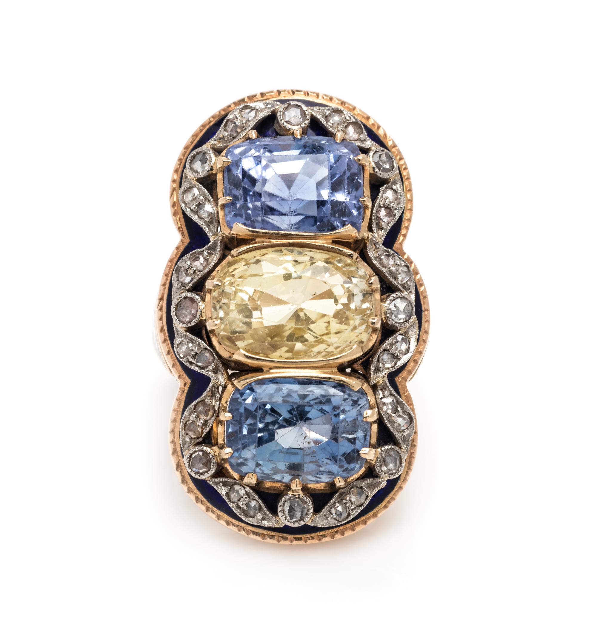 SAPPHIRE, DIAMOND AND ENAMEL RING