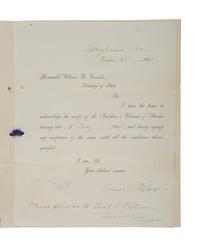 [CIVIL WAR]. Presidential pardon acknowledgement and oath of allegiance for Virginian ex-Confederate Samuel P. Wilson, Esq. 1865.