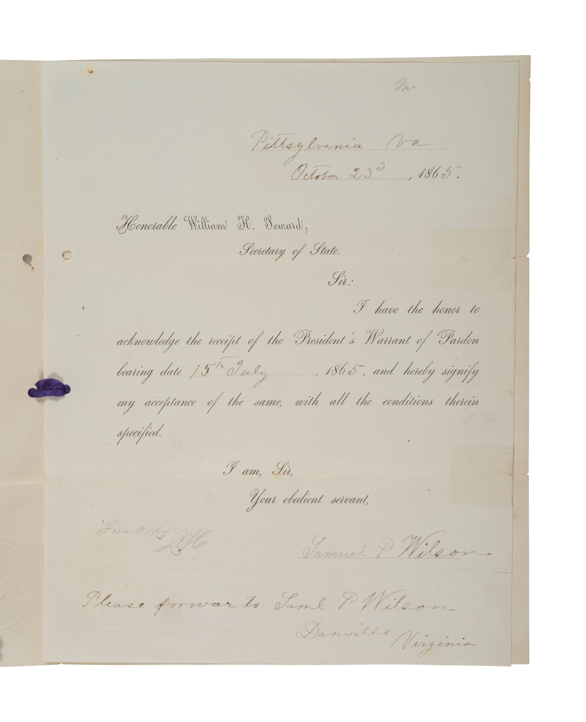 [CIVIL WAR]. Presidential pardon acknowledgement and oath of allegiance for Virginian ex-Confederate Samuel P. Wilson, Esq. 1865.