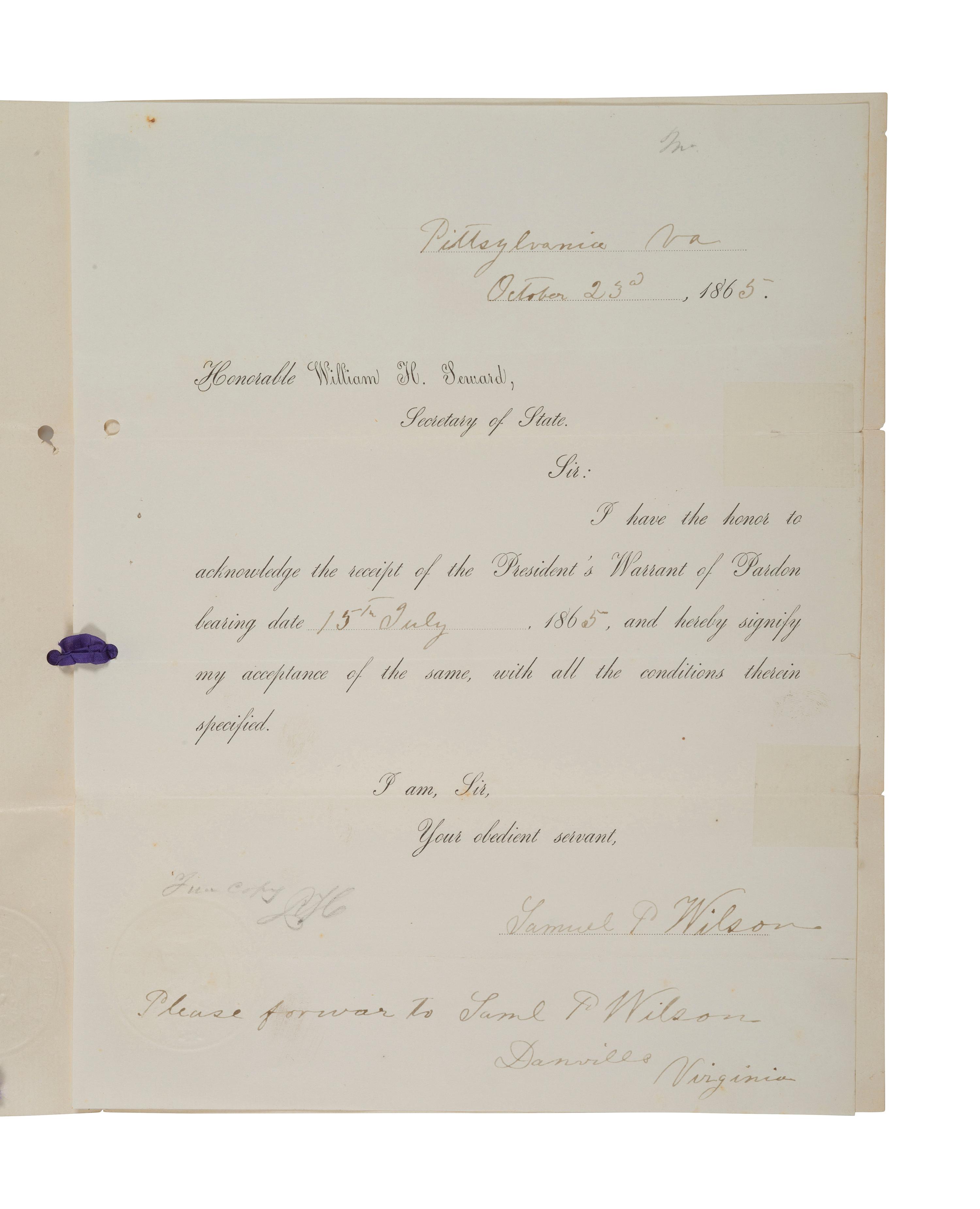 [CIVIL WAR]. Presidential pardon acknowledgement and oath of allegiance for Virginian ex-Confederate Samuel P. Wilson, Esq. 1865.