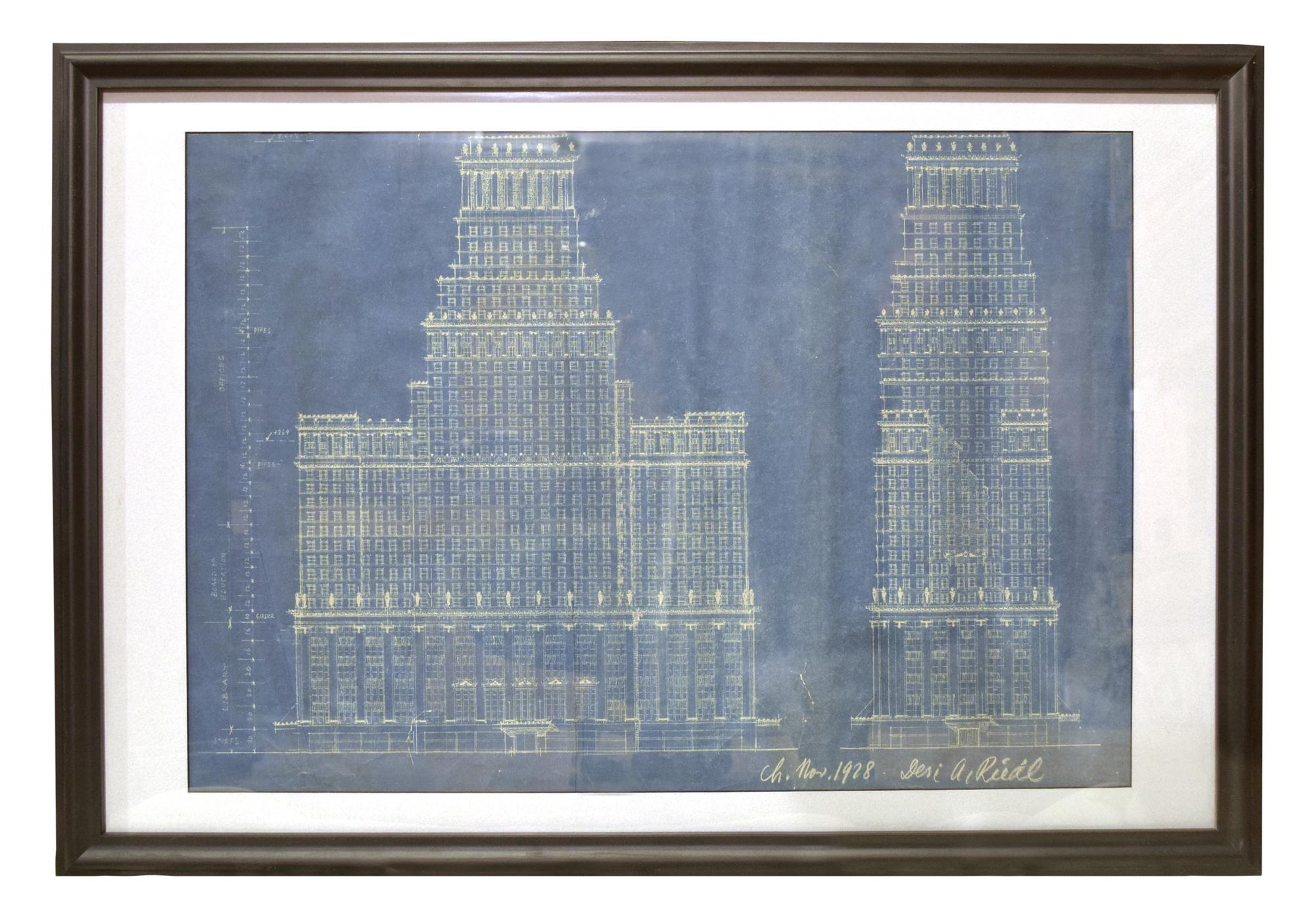 A Blue Print Drawing Signed "Ch. Nov. 1928. Geri A Riedl" 34-1/2 x 24 x 1-1/2 inches (framed) — United States, Circa 1928
