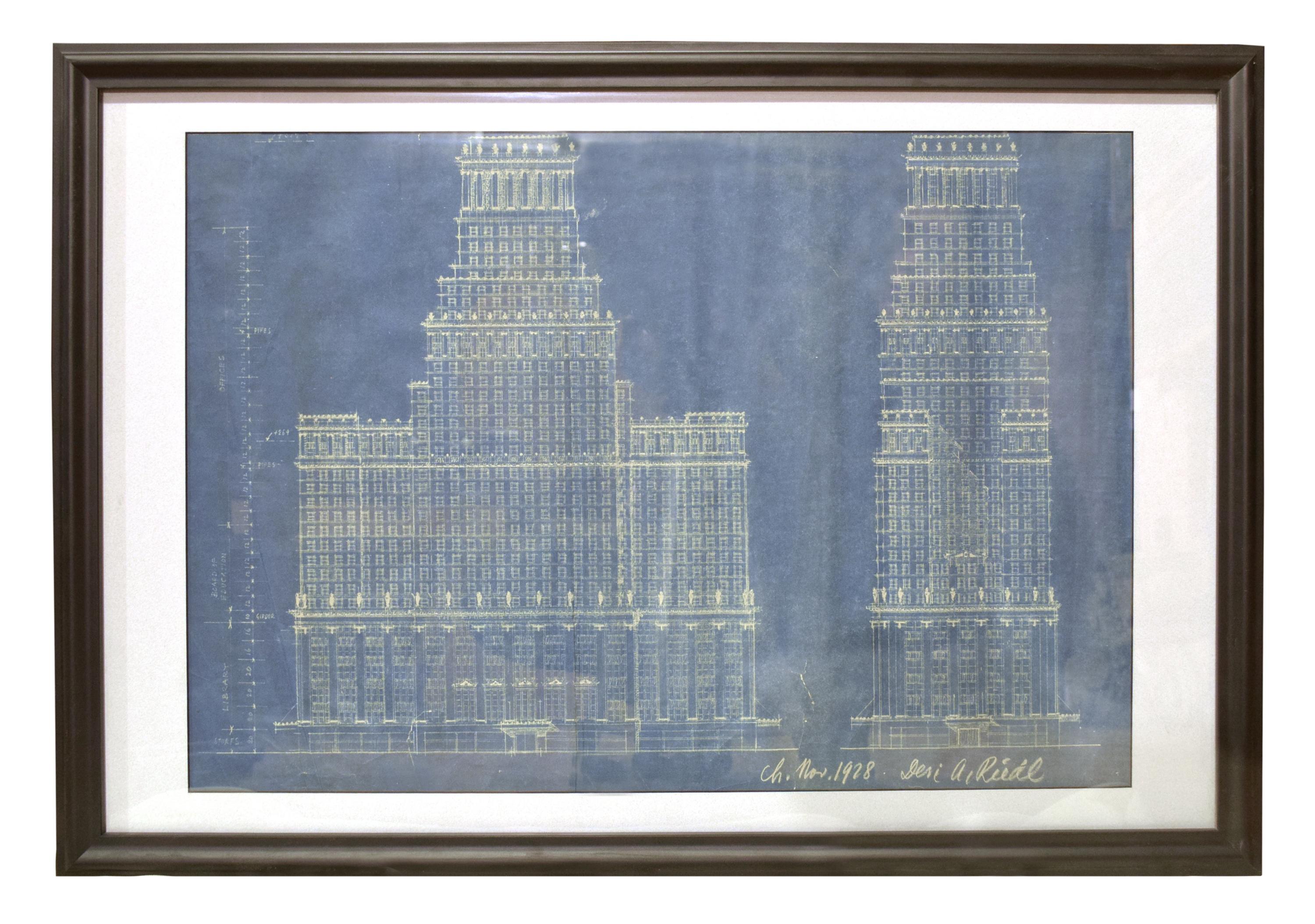 A Blue Print Drawing Signed "Ch. Nov. 1928. Geri A Riedl" 34-1/2 x 24 x 1-1/2 inches (framed) — United States, Circa 1928