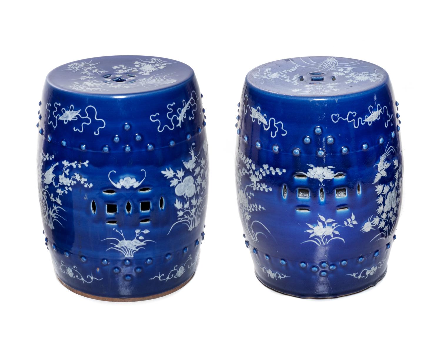 A Pair of Chinese Blue and White Porcelain Garden Stools Height 18 1/4 inches. — 20TH CENTURY