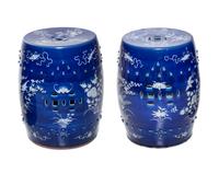 A Pair of Chinese Blue and White Porcelain Garden Stools Height 18 1/4 inches. — 20TH CENTURY