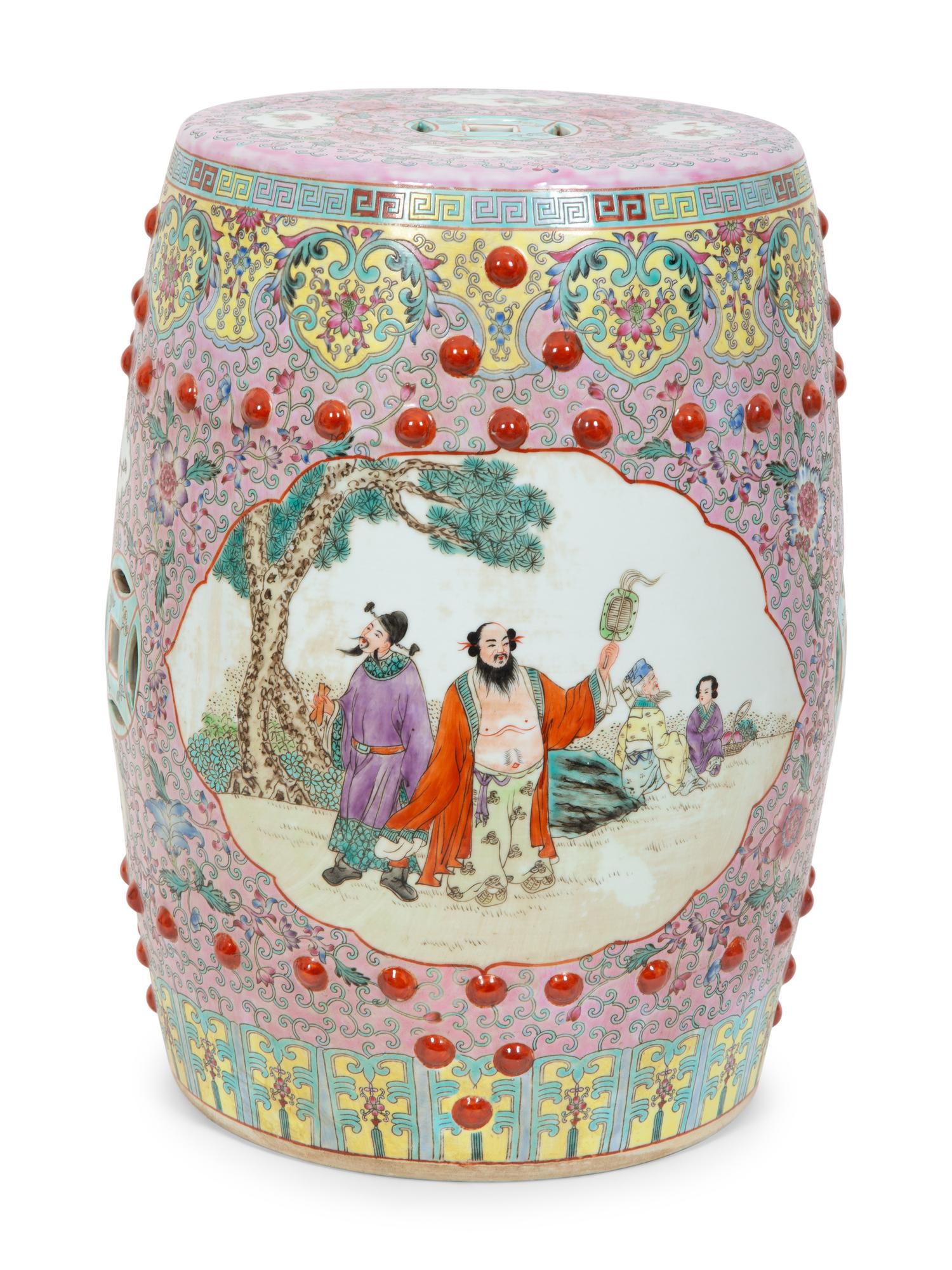 A Chinese Export Enameled Porcelain Garden Seat