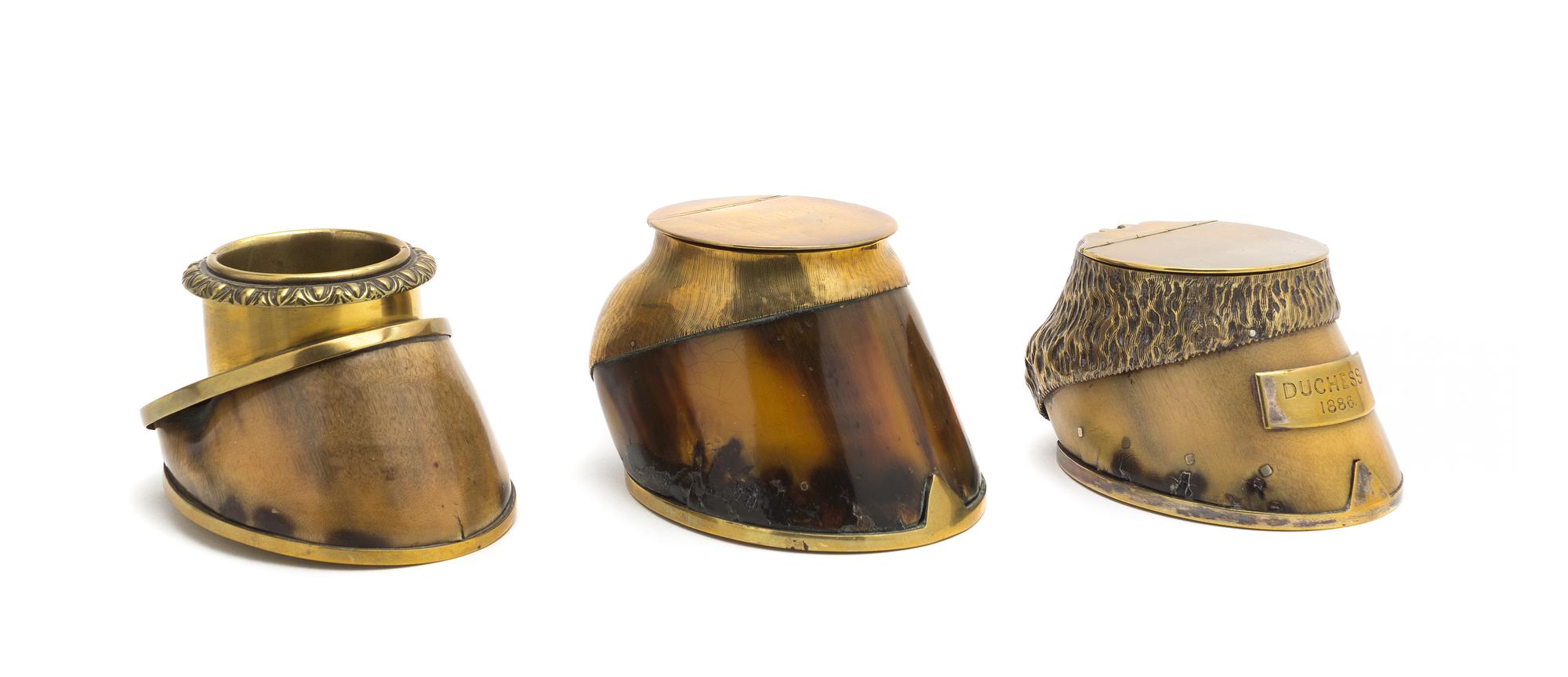 A Collection of Three Brass Mounted Hoof Ink Stands and Boxes, Length of first 5 1/2 inches.