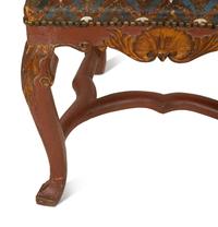 A Pair of Spanish Painted and Parcel Gilt High Back Side Chairs with Painted Leather Upholstery