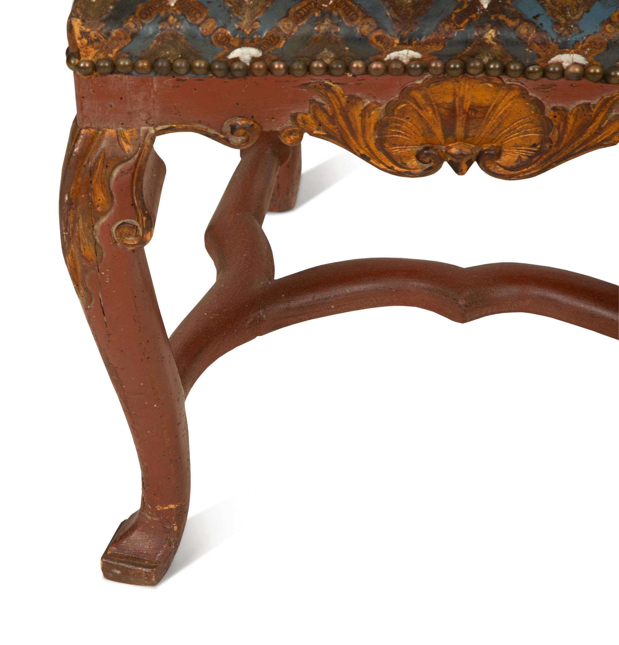 A Pair of Spanish Painted and Parcel Gilt High Back Side Chairs with Painted Leather Upholstery