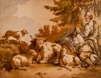 Two Works: A Fluting Shepherd with Family and Flock, and Resting Shepherds with Flock