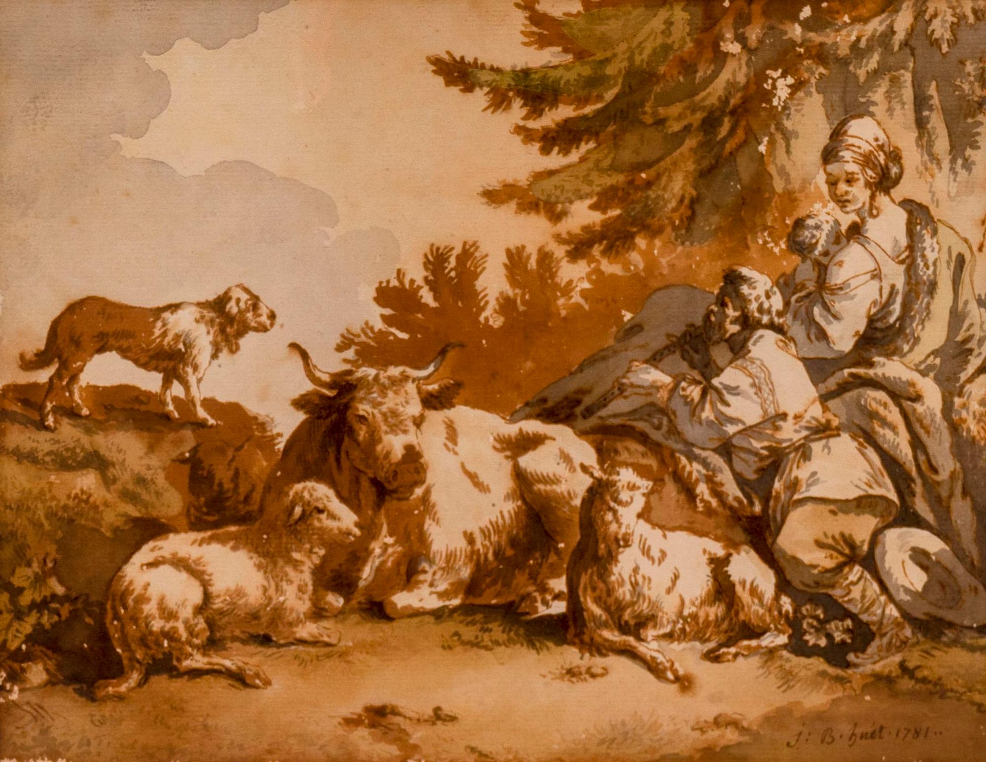 Two Works: A Fluting Shepherd with Family and Flock, and Resting Shepherds with Flock
