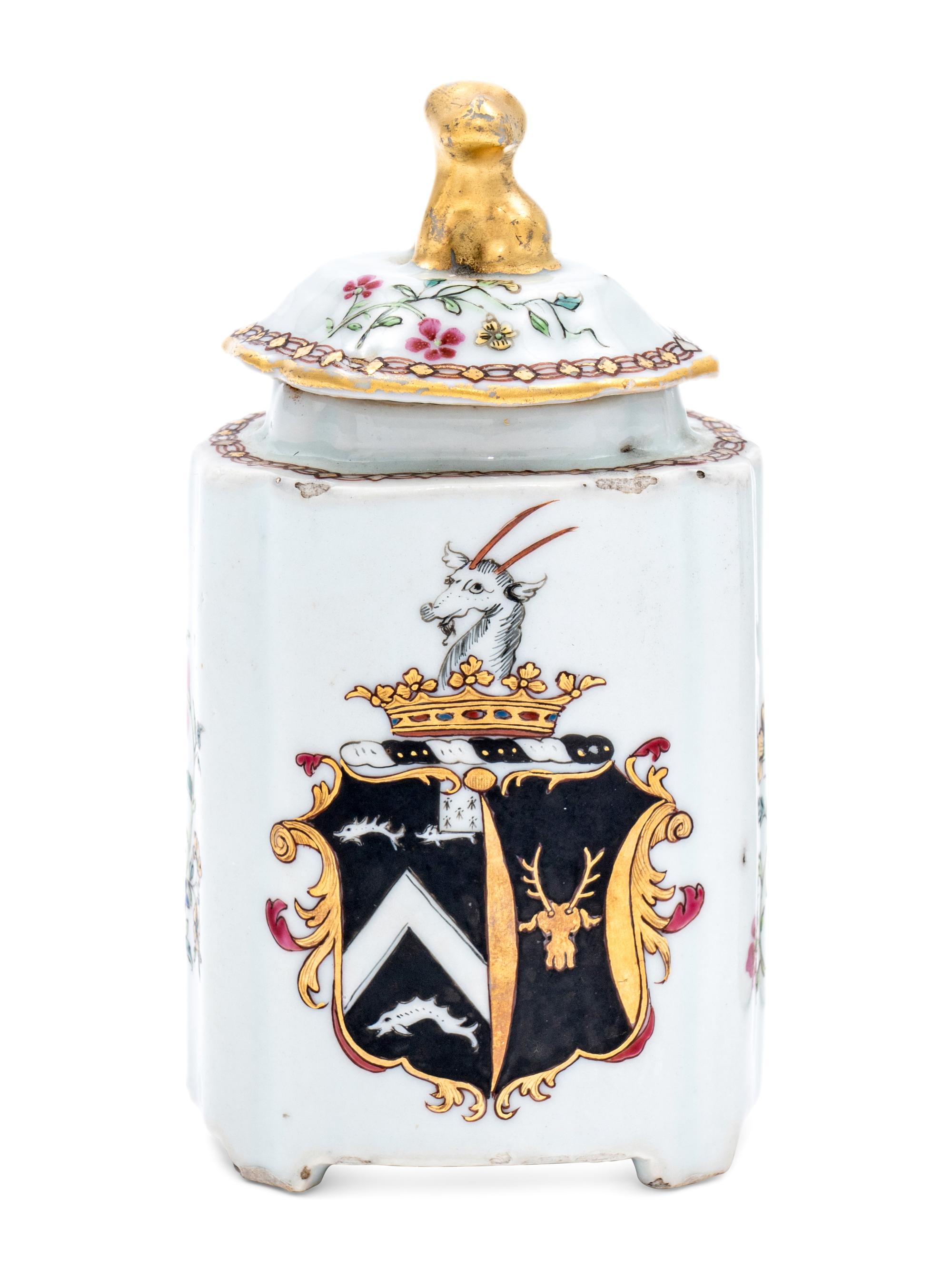 A Chinese Export Porcelain Armorial Coffee Pot and Tea Caddy
