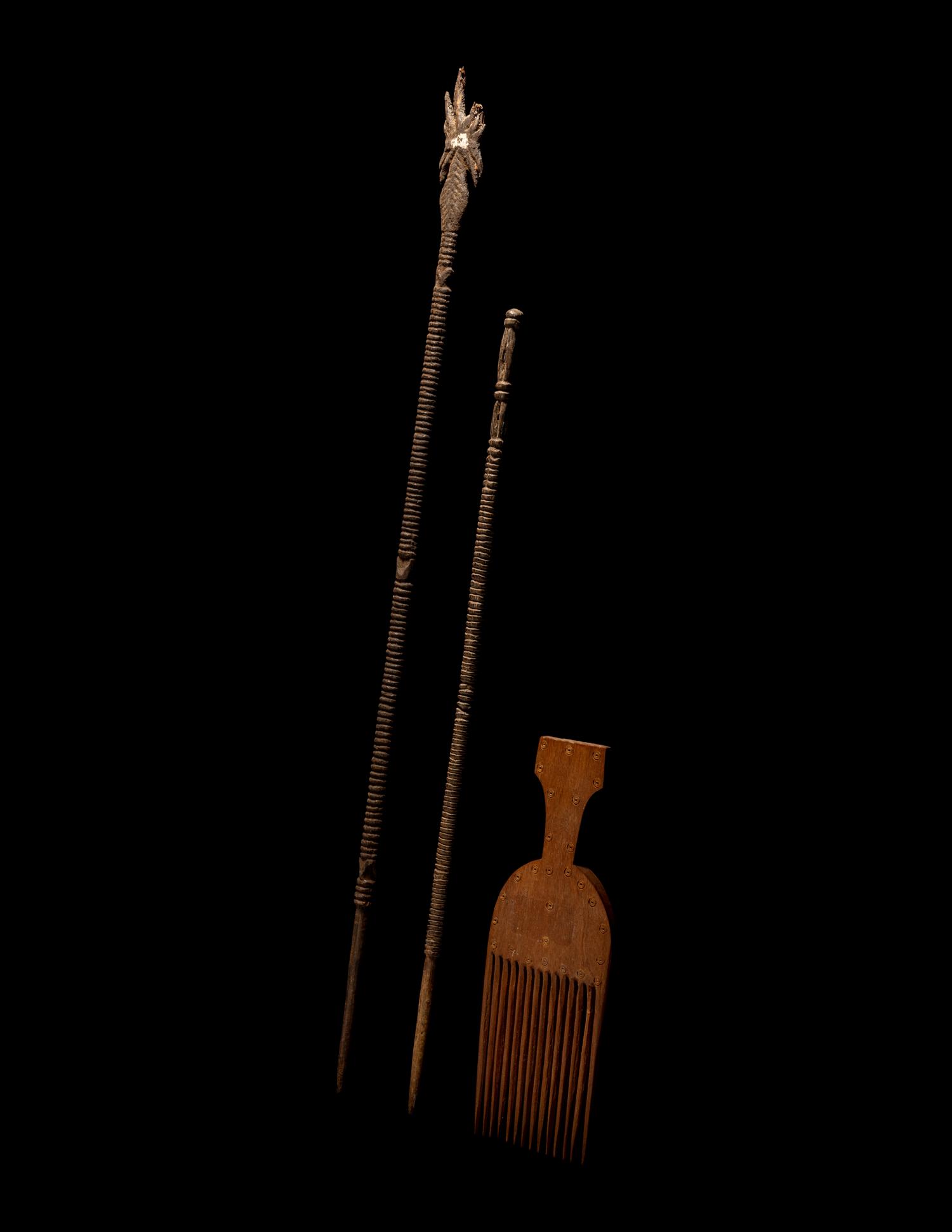 Four Colima Female Figures, Two Akan Wood Spears, and a Wood Comb