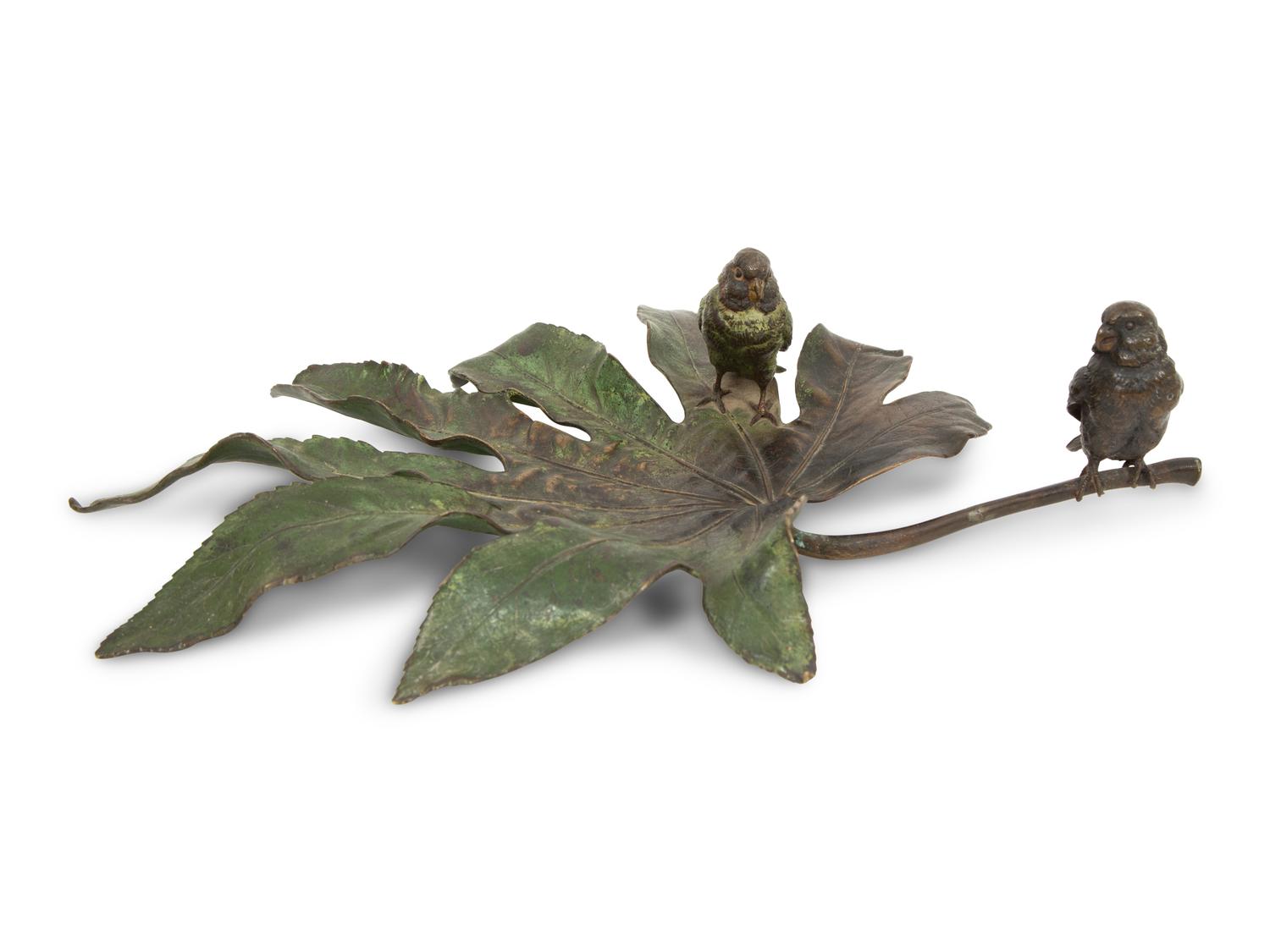 An Austrian Cold-Painted Bronze Parakeet Sitting on a Leaf
