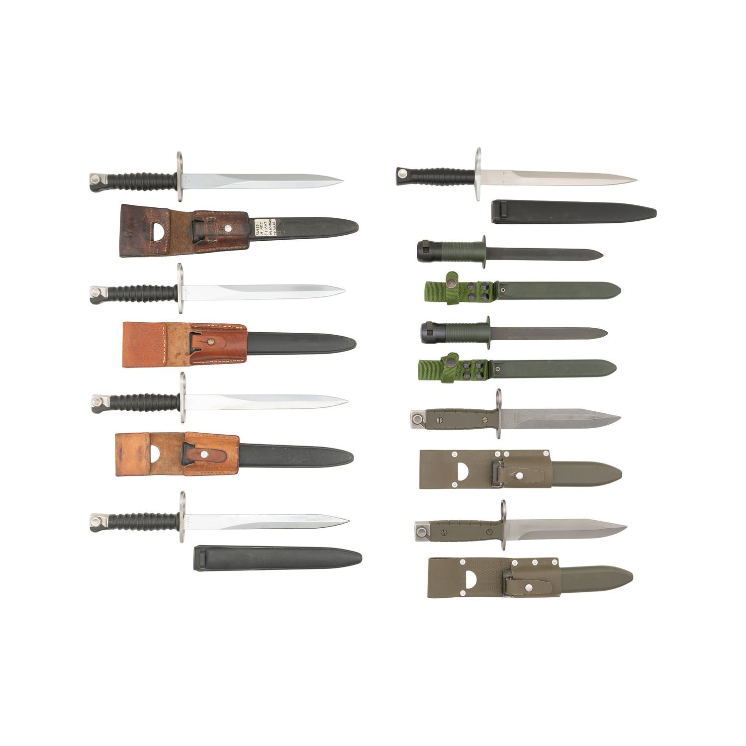 Lot of Nine Swiss Bayonets including Model 1957, Model 1990, and Model 530/540 Bayonets