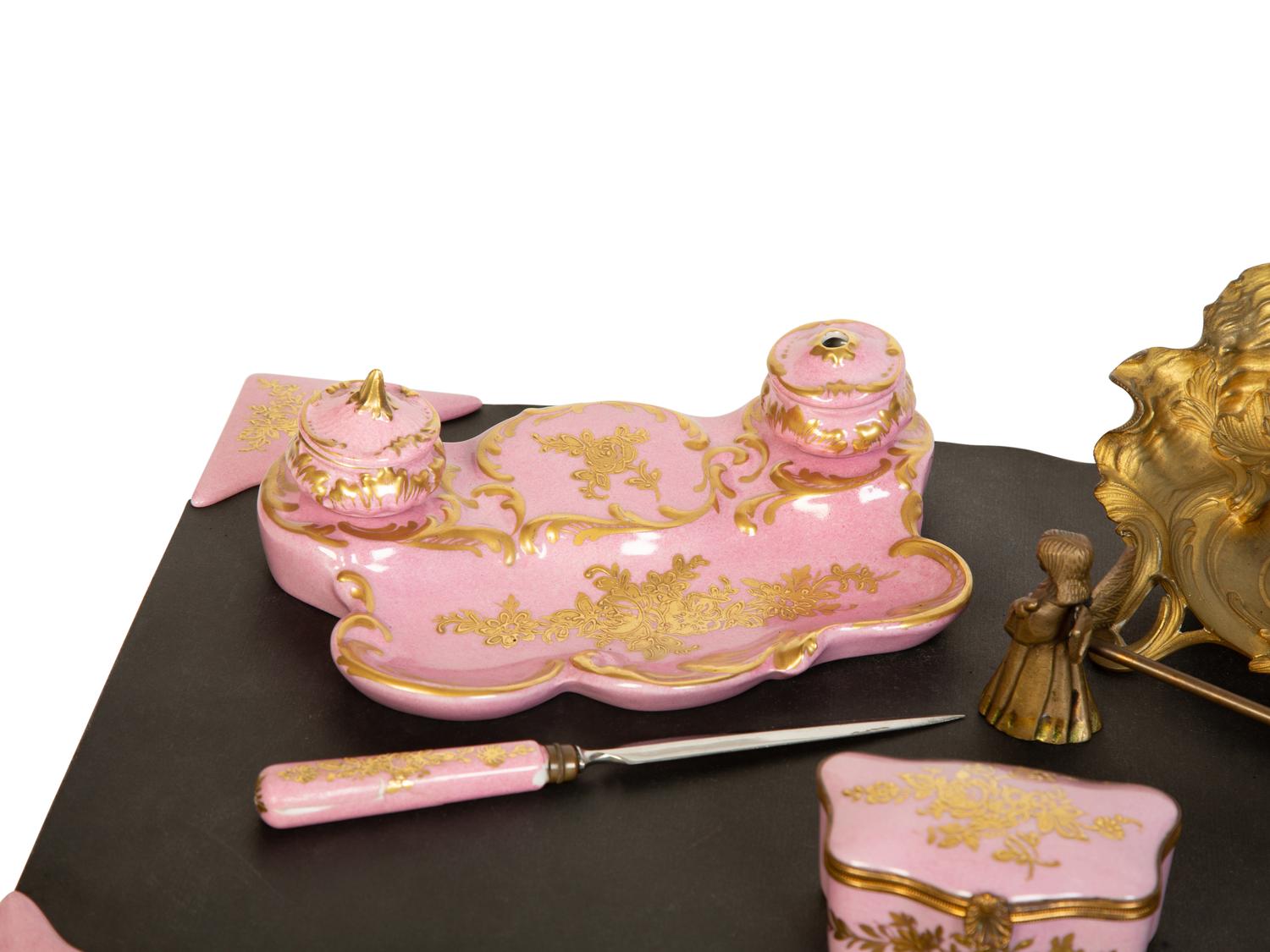 A Louis XV Style Gilt Bronze Inkwell and a Sèvres Style Porcelain Standish