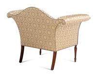 A Pair of of Regency Style Camelback Armchairs with Damask Upholstery