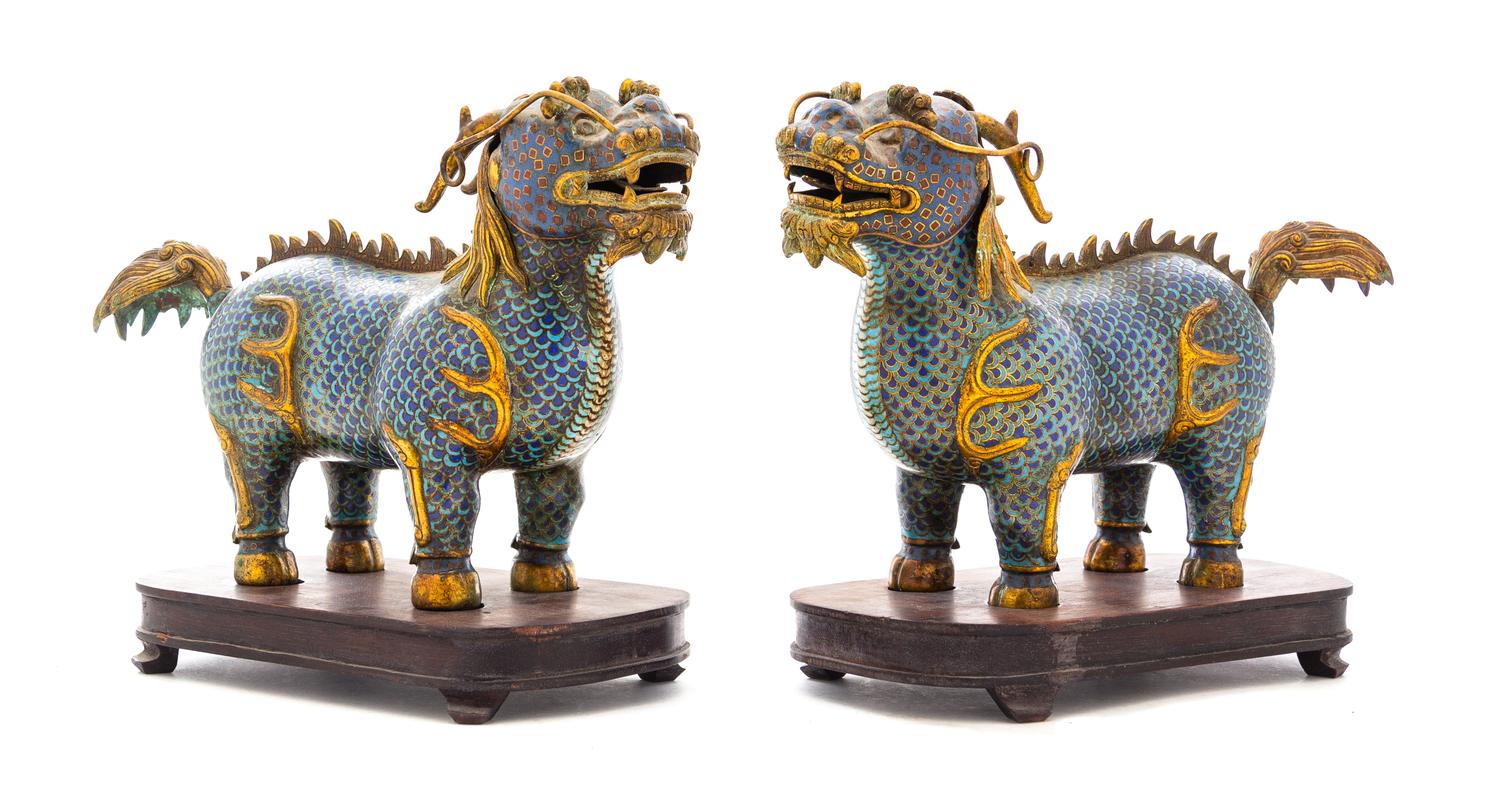 A Pair of Cloisonne Enamel Figures of Qilin Length of each 12 inches. — 18TH/19TH CENTURY