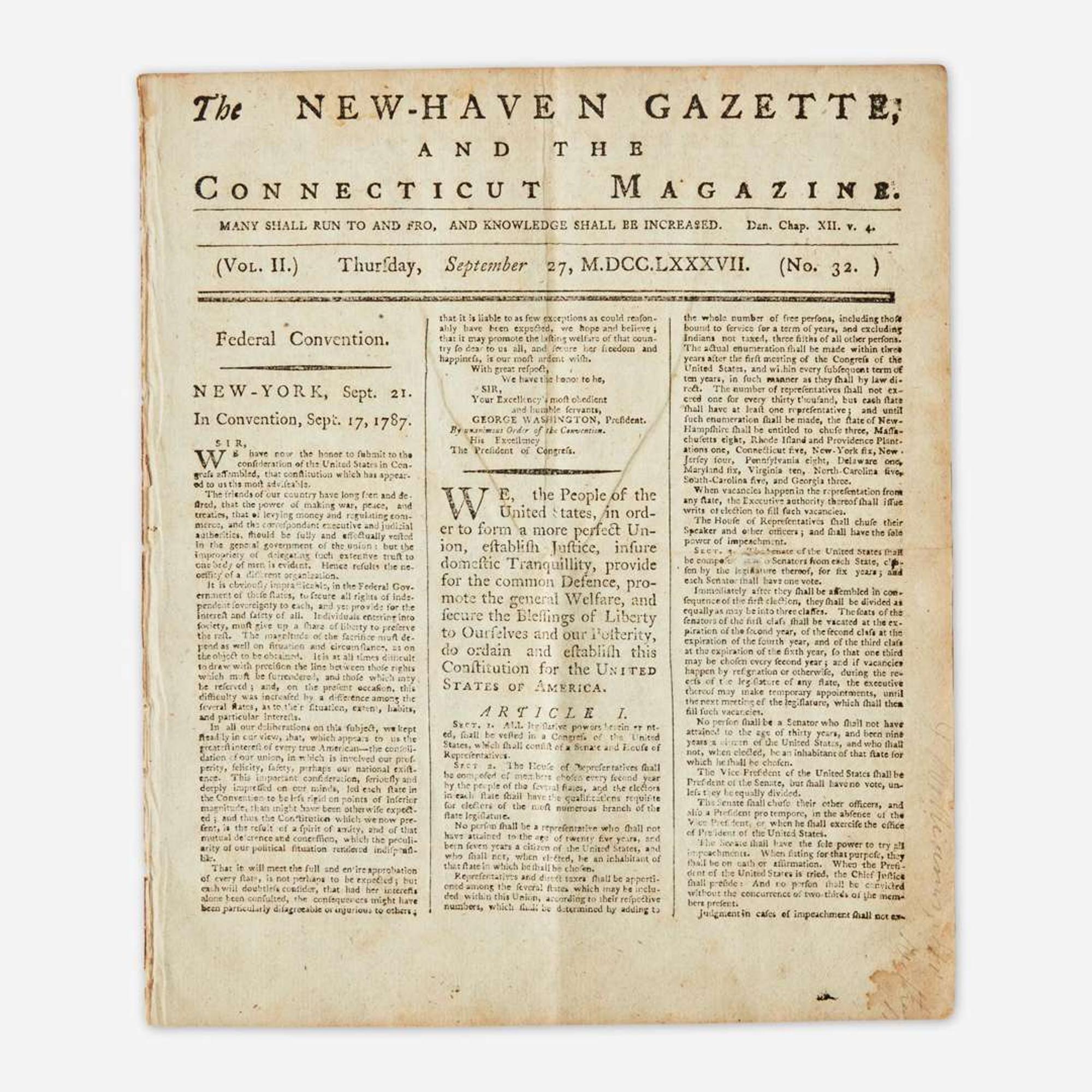 [Americana] [Constitution of the United States, The] The New-Haven Gazette, and the Connecticut Magazine