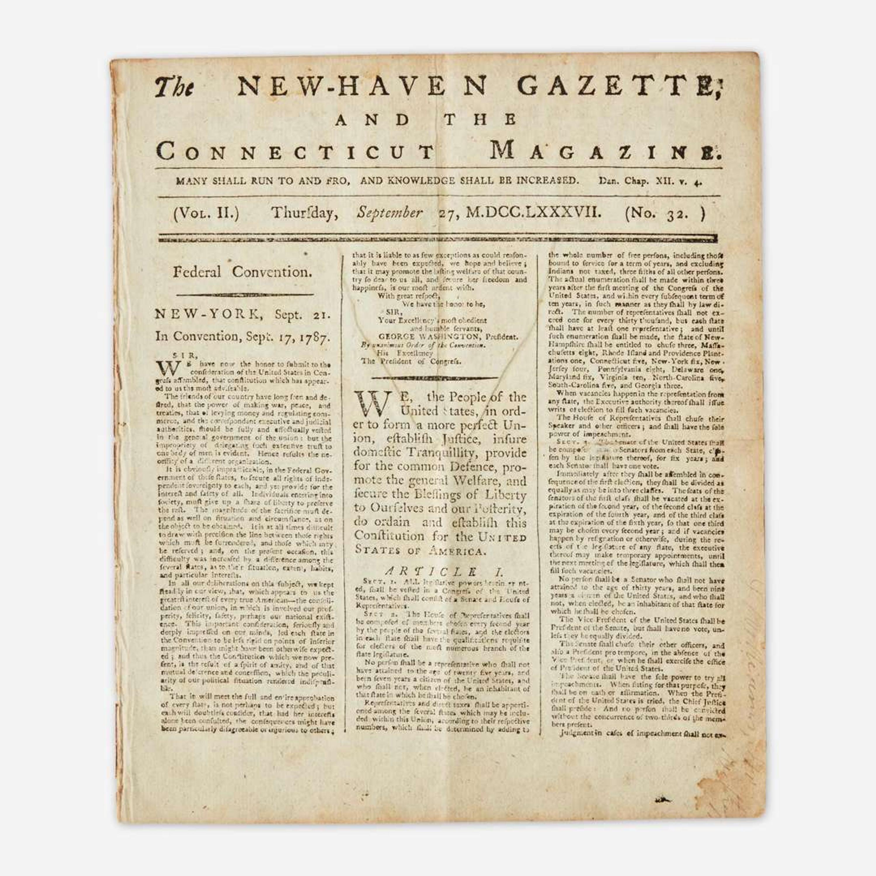 [Americana] [Constitution of the United States, The] The New-Haven Gazette, and the Connecticut Magazine