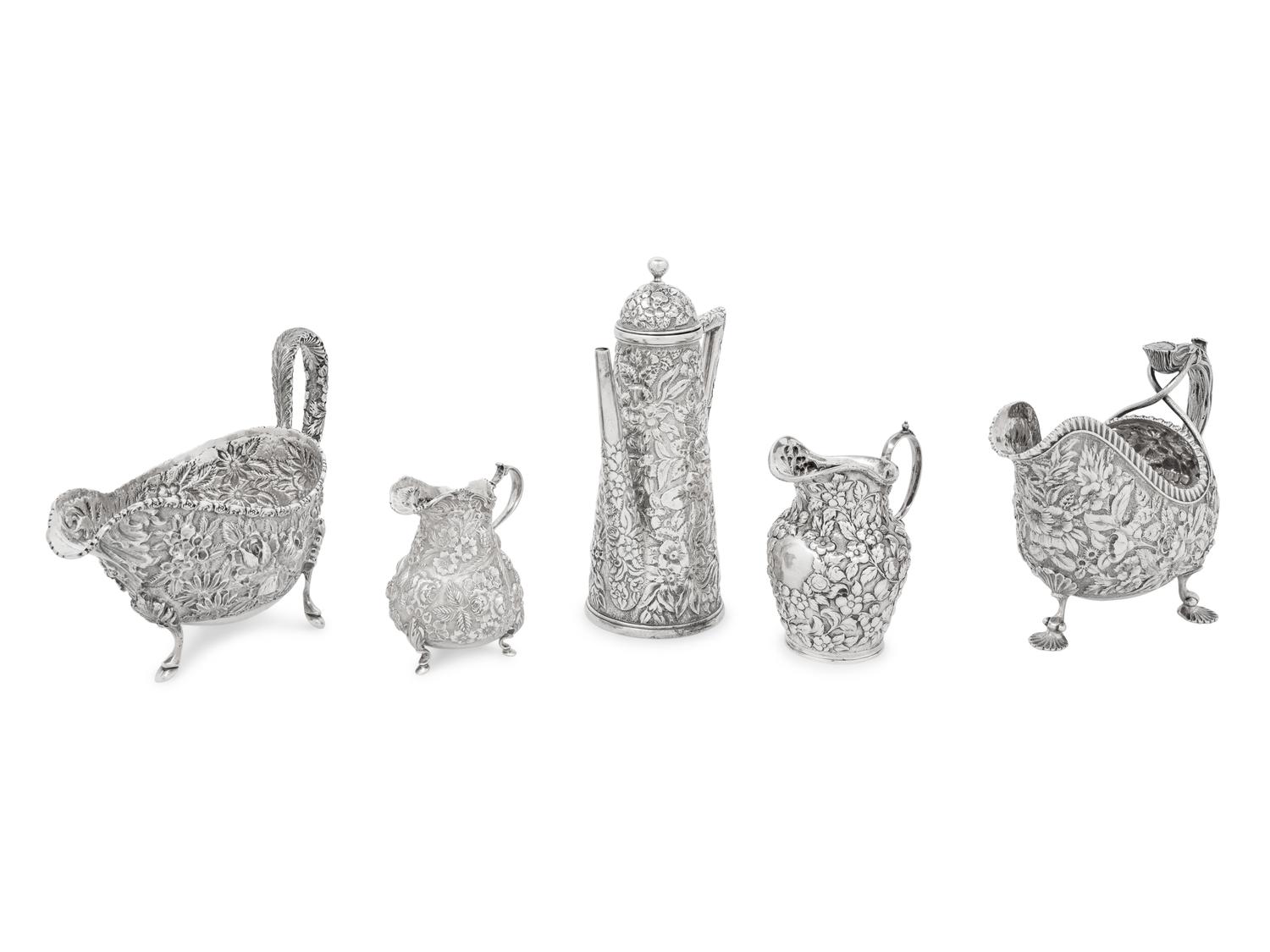 A Group of Five American Silver Repoussé Table Articles