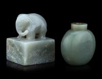 A Chinese Celadon Jade Seal and a Celadon Jade Snuff Bottle